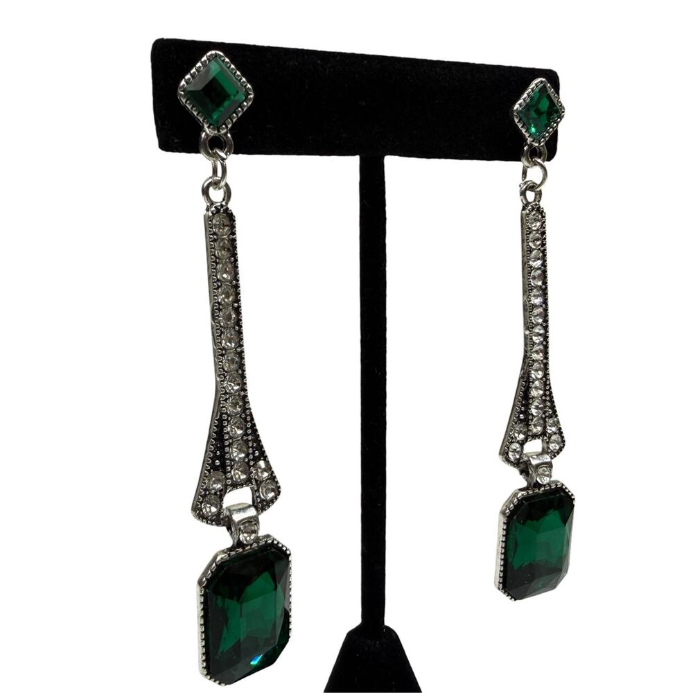 Art Deco Style Emerald Green Crystal Dangle Drop Earrings Silver Tone 3.5 in - Picture 4 of 6